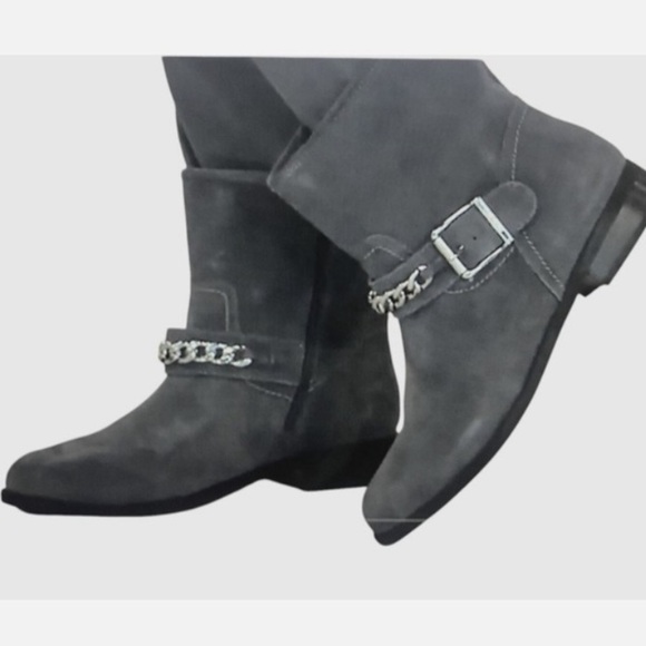 Vionic Suede Moto Boots Ankle Chain Booties Gray Zip Biker Orthotic Sz 9 - Picture 1 of 9